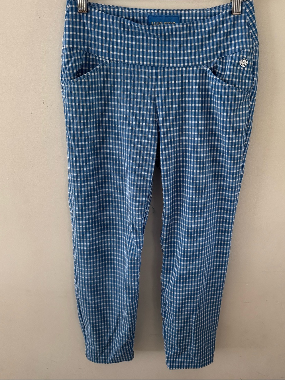 Lilly Pulitzer Luxletic 25" Corso Crop Pants Morelle Blue Gingham, Size 4 - Picture 6 of 16